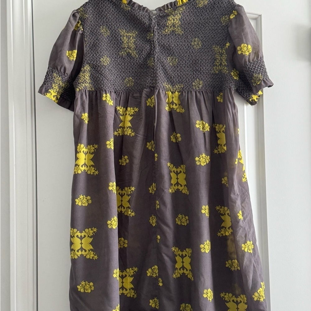 Freeway Gray and Yellow Floral Babydoll Dress short sleeves button back - Picture 4 of 8